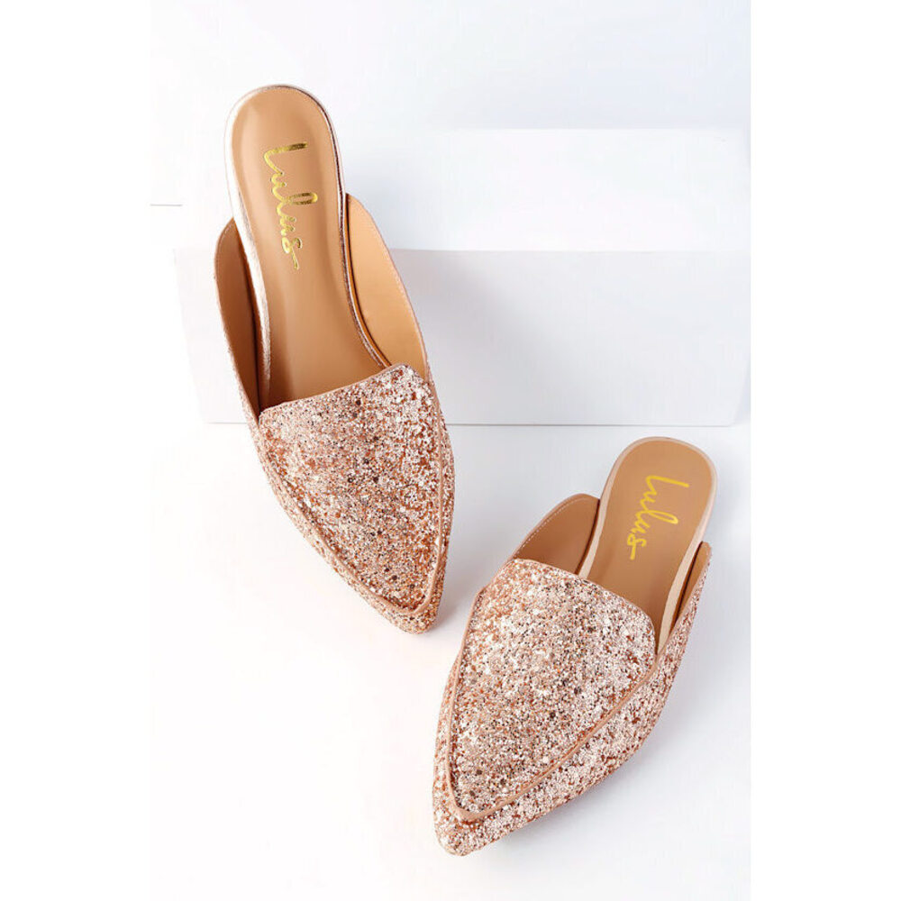 SOLD Lulus Joelle Rose Gold Glitter Loafer Slides Pink - Size 6.5